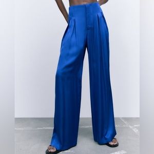 NWT Zara Blue Full Length Satin Effect Pants